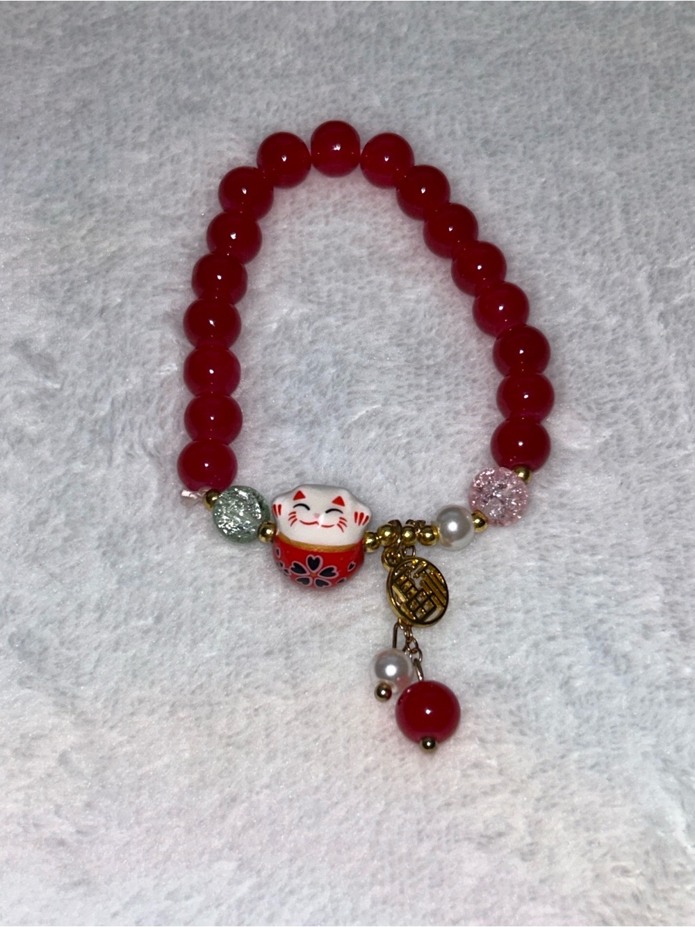 Handmade Lucky Cat Red Beaded Stretch Bracelet